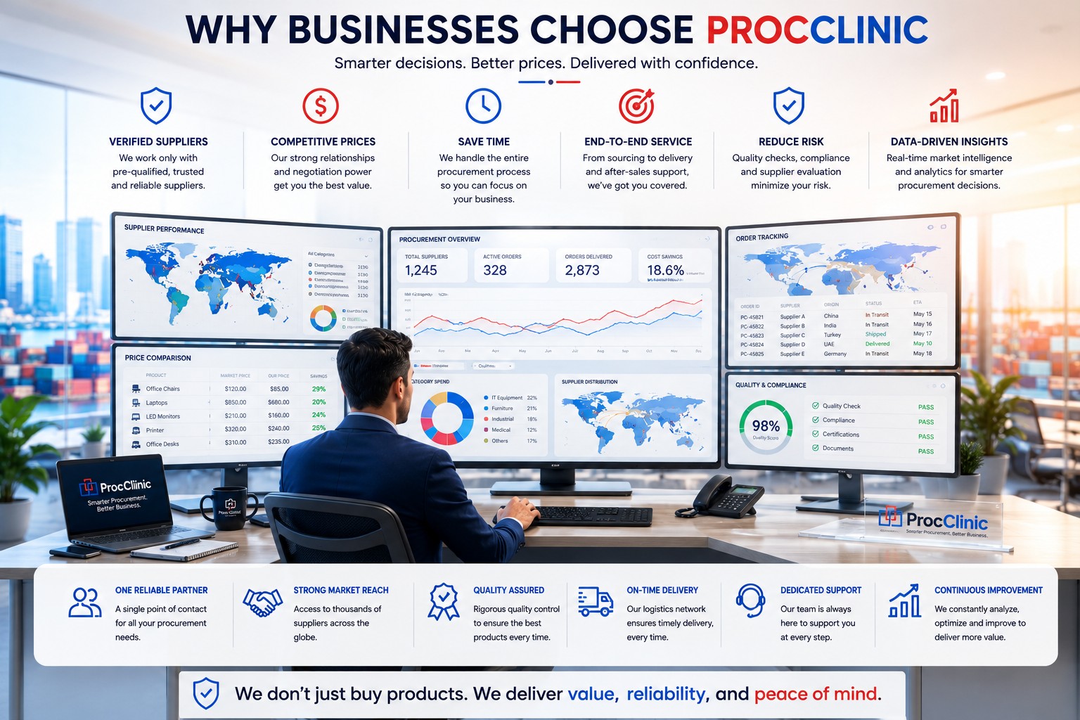 Why businesses choose ProcClinic: verified suppliers, competitive prices, time savings, end-to-end service, reduced risk and data-driven insights, shown with procurement dashboards
